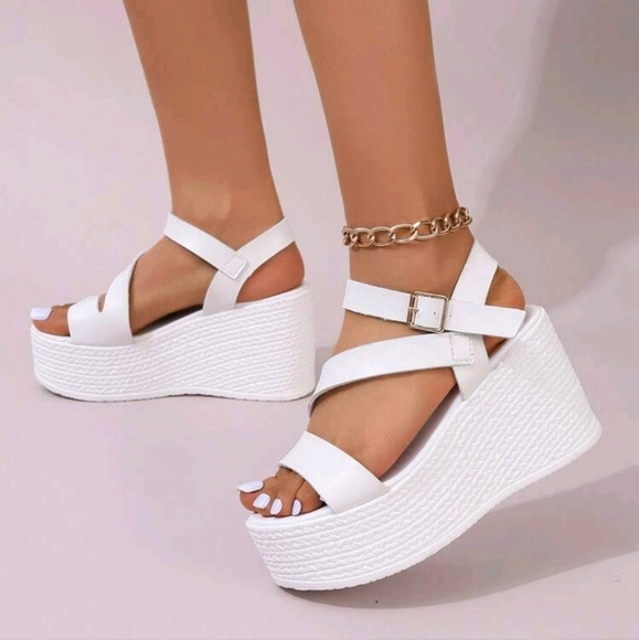 . Shoes - Women's Fashionable White Wedge Sandals With Ankle Strap Buckle And Platform